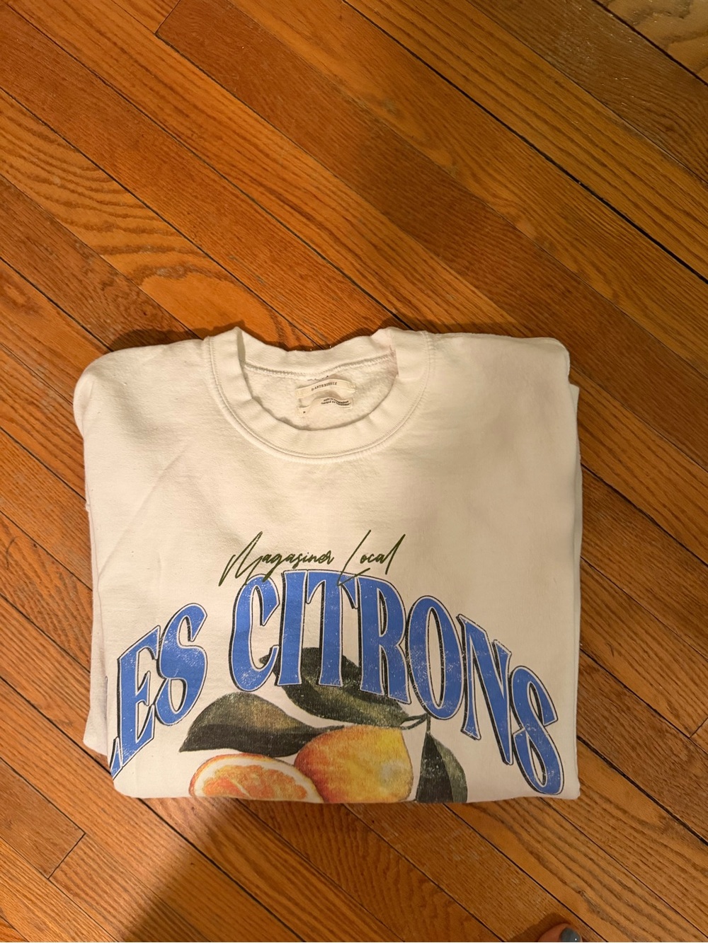 Anthropologie White Crewneck Sweatshirt with Blue 'Les Citrons' Graphic